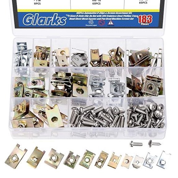 Glarks 183Pcs Automotive U-Clips & Fasteners Kit