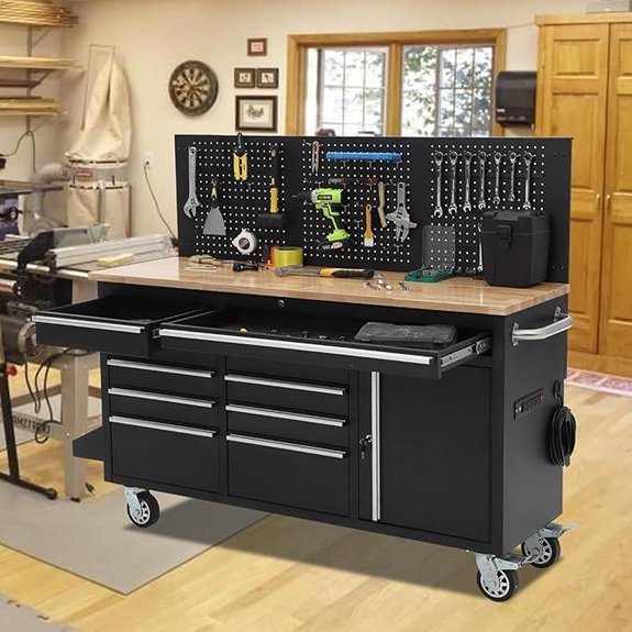 61-inch Rolling Tool Chest with Power Strip and Wood Top