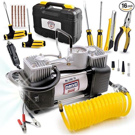 Portable Tire Inflator with Repair Kit and Pressure Gauge
