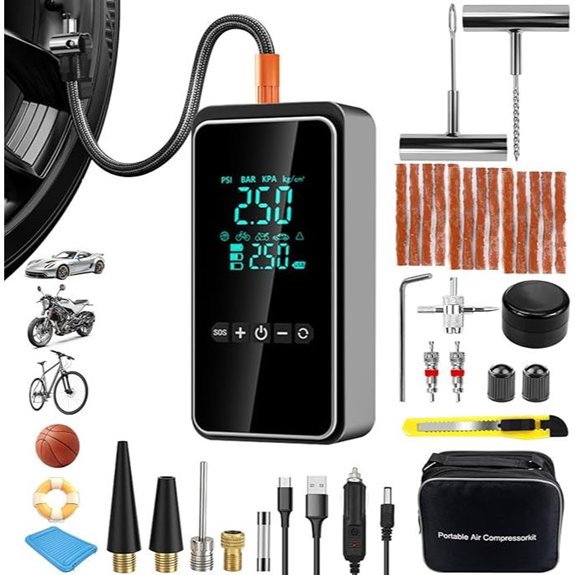 Portable Tire Inflator with Repair Kit and LCD Display