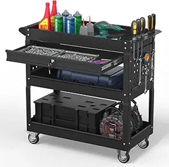 3-Tier Rolling Tool Cart with Drawers and Hooks