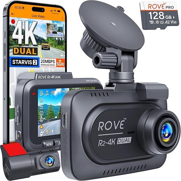 ROVE R2 4K Dual Dash Cam with WiFi and 128GB