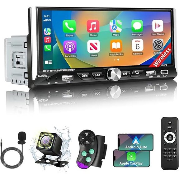 Single Din Car Stereo with Wireless Carplay & Backup Camera
